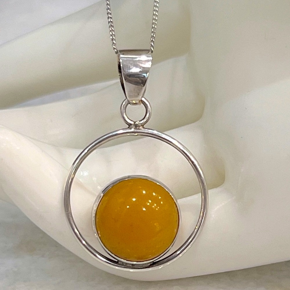 Burmese Yellow Jade Sterling Silver Open Hoop Pendant Necklace
